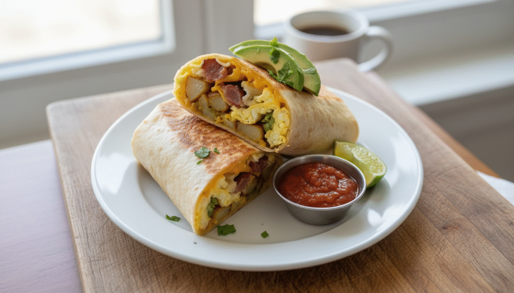 a beautiful breakfast burrito with top angle and sitting on a wooden board in a white plate 