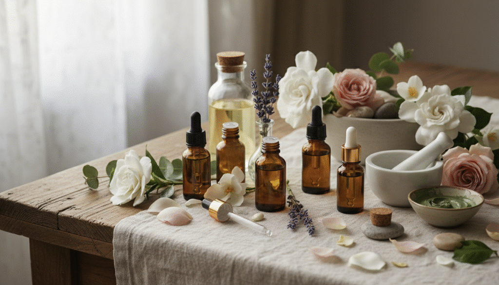 a serene image representing overall skincare featuring delicate flowers and essential oil bottles a
