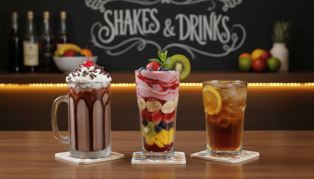 A Vibrant Image Of Various Shakes And Drinks Including A Colorful Fruit Smoothie A Classic Chocola 1024x585