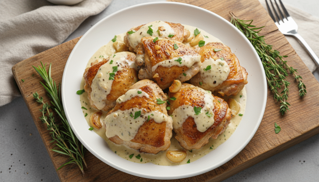 creamy garlic chicken thighs with top angle and sitting on a wooden board in a white plate 
