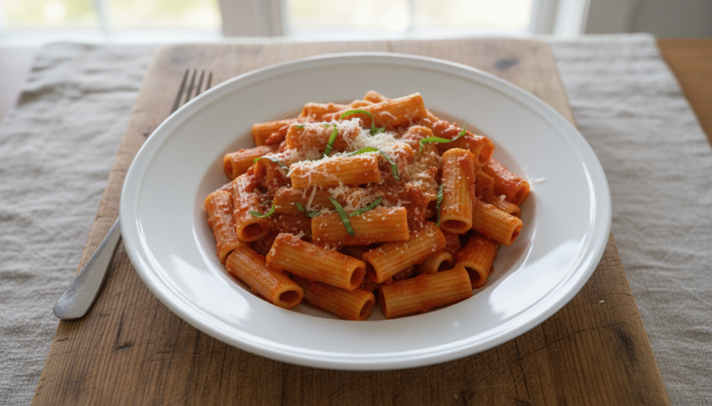 tomato rigatoni pasta with top angle and sitting on a wooden board in a white plate 