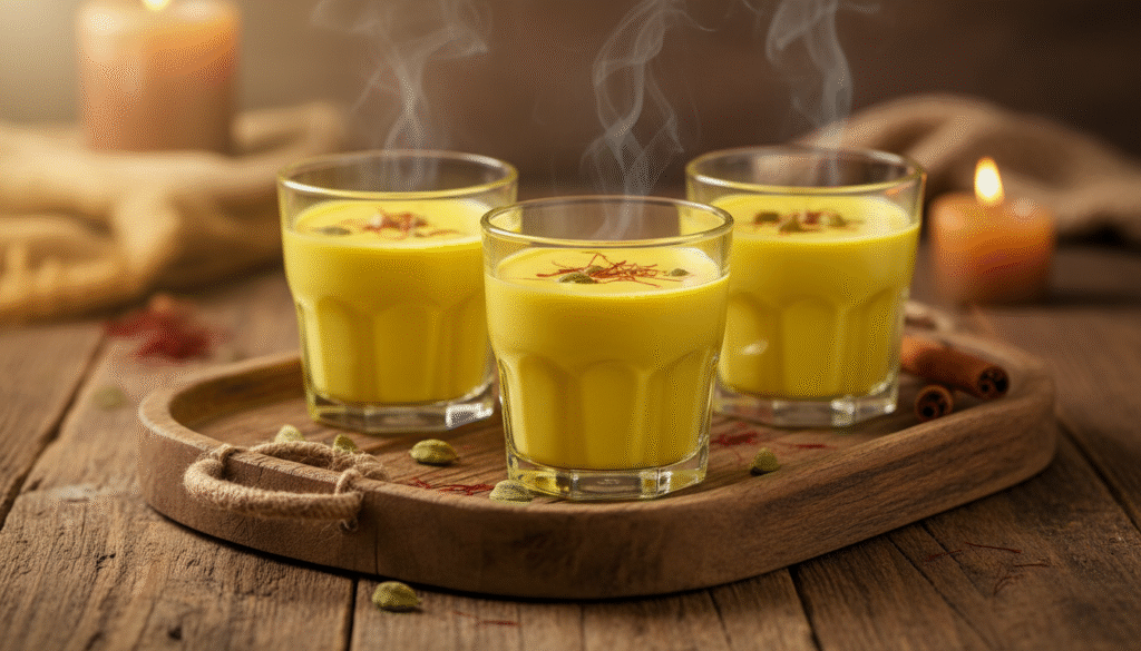 turmeric milk in glasses garnished with saffron on a rustic wooden tray with soft warm lighting turmeric milk in glasses garnished with saffron on a rustic wooden tray with soft warm lighting